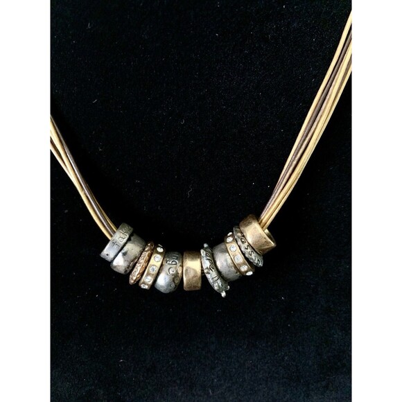 Chicos Inspiring Charms Rhinestone Gold Silver Tone Discs Necklace Chunky Corded - Picture 2 of 6